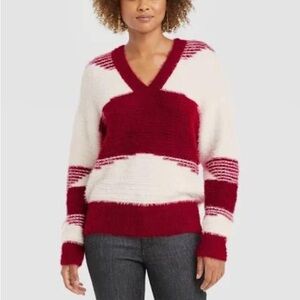 Knox Rose Women's Knitted V Neck Furry Sweater Red/White Size L